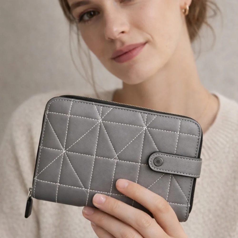 Coach Quilted Leather Large Accordion Zip Wallet Heather Grey/Black-NWT